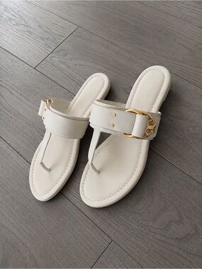 NWOT Tory Burch Marsden Leather Thong Sandals New Ivory Gold Double T Size 8.5